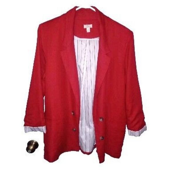 Jules Jackets & Blazers - Jules Leopold Womens Red Linen Blazer L Contrast Cuff & Lining Corpcore Academia